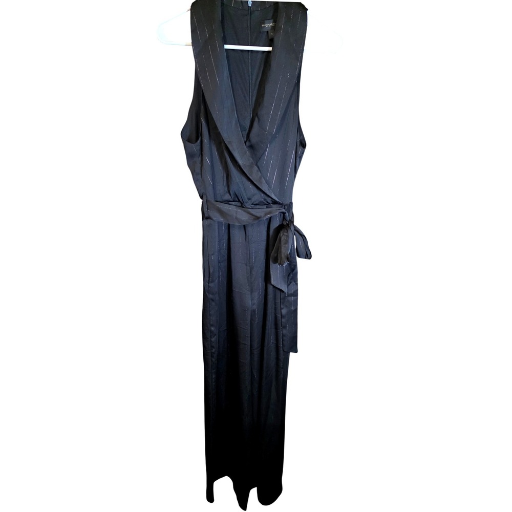 Donna Karan Black Fine Silver Pinstripe Wide Leg Halter Jumpsuit Sz 10 - Picture 7 of 7